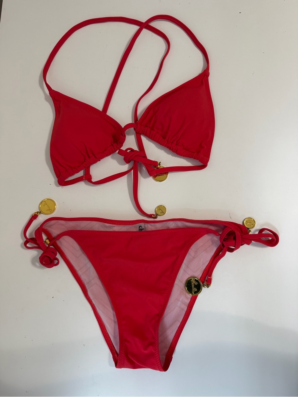 Charlie by Matthew Zink Padded Triangle Bikini Set Red Gold Charm Women’s M